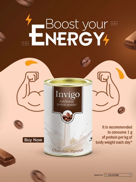 A high-contrast ad featuring protein powder in a splash aesthetic with graphical arm muscle icons to visualize product benefits.
